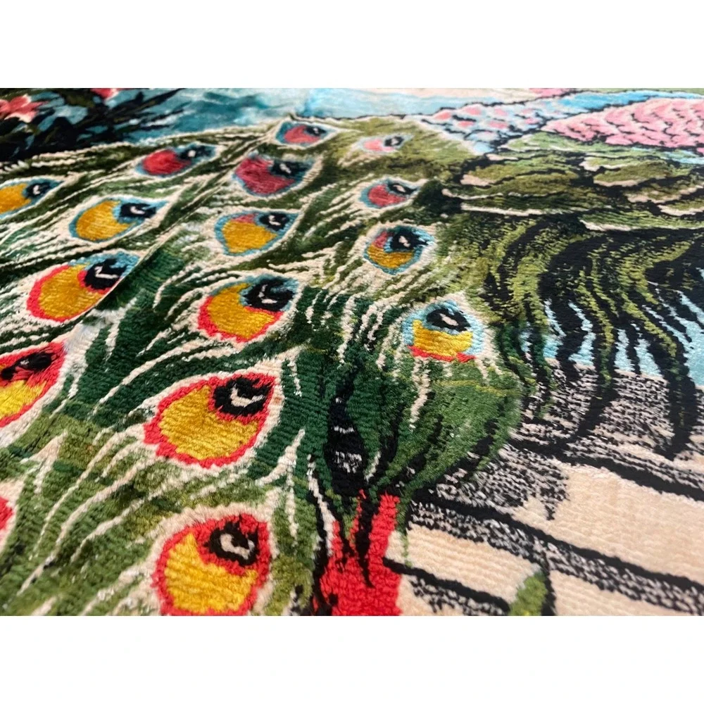 Vintage Turkish Velvet Peacock Tapestry Rug 1970s Wall Hanging 75x49 Boho Decor